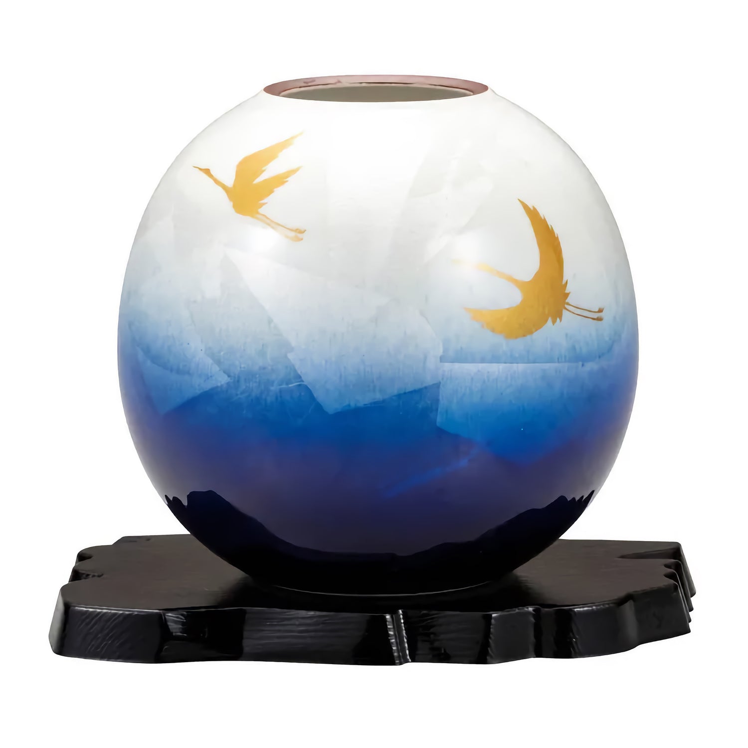 KUTANI JAPANESE FLOWER VASE SILVER GLAZE TWIN CRANES (WITH STAND)