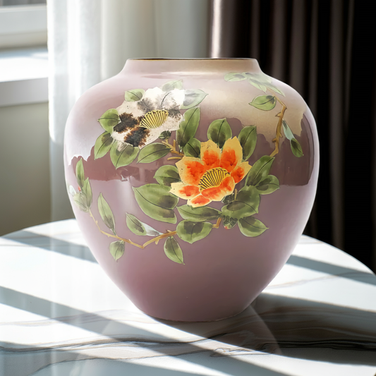 JAPANESE FLOWER VASE KUTANI CAMELLIA IN GOLD LEAF