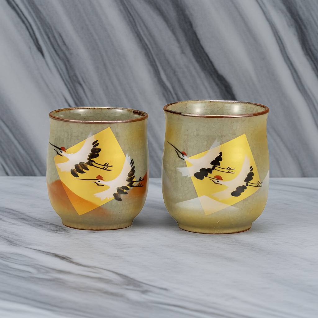 KUTANI JAPANESE YUNOMI SET GOLD LEAF CRANE