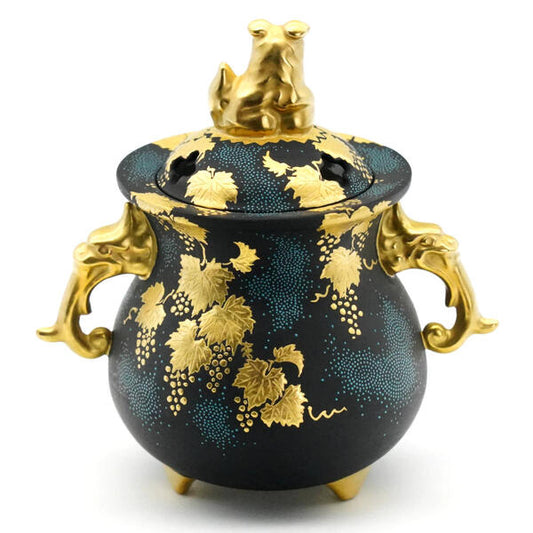 KINGYOKU NAKADA KUTANI INCENSE BURNER – BLUE DOTS WITH RAISED GOLD GRAPE DESIGN