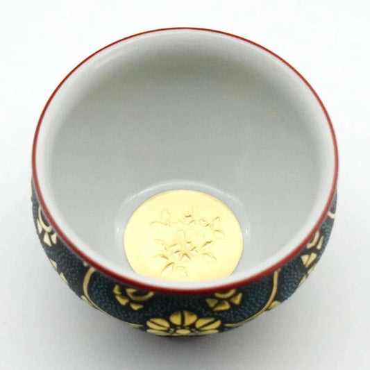 KUTANI WARE SAKE CUP – BLUE AOCHIBU WITH GOLD TESSEN ARABESQUE AND “MOON WITH CHERRY BLOSSOMS” DESIGN BY KINGYOKU NAKATA