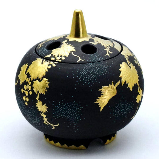 KINGYOKU NAKADA KUTANI ROUND INCENSE BURNER – RAISED GOLD GRAPES, BLUE DOTS