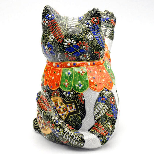 KUTANI JAPANESE LUCKY CAT(MANEKI NEKO) TOUCHING CAT BLACK RAISED PATTERN (WITH CUSHION)
