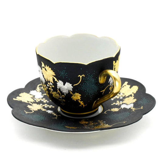 KINGYOKU NAKADA KUTANI JAPANESE COFFEE CUP & SAUCER PLATINUM DECORATION – GRAPE DESIGN WITH BLUE BEADS