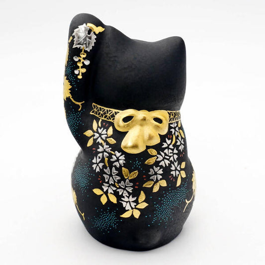 JAPANESE KUTANI WARE MANEKI NEKO LUCKY CAT (LEFT HAND RAISED FOR CUSTOMERS) – PLATINUM DECORATION WITH GRAPE & CHERRY BLOSSOM BLUE DOT DESIGN BY KINGYOKU NAKATA