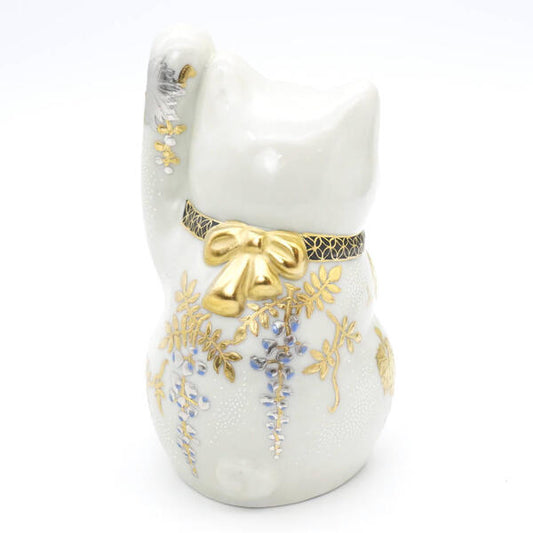 JAPANESE KUTANI WARE MANEKI NEKO LUCKY CAT (LEFT HAND RAISED FOR CUSTOMERS) – PLATINUM DECORATION WITH GRAPE & WISTERIA WHITE DOT DESIGN BY KINGYOKU NAKATA