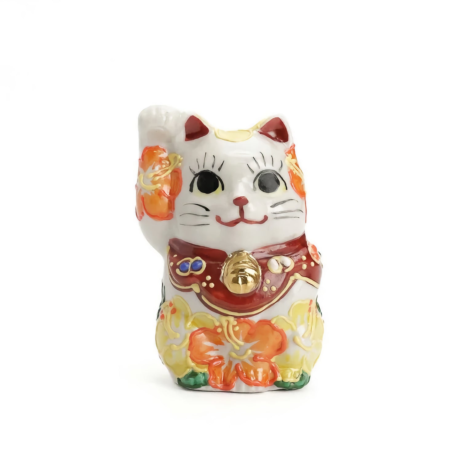 KUTANI WARE LUCKY CAT(MANEKI NEKO) HIBISCUS RAISED RIGHT PAW