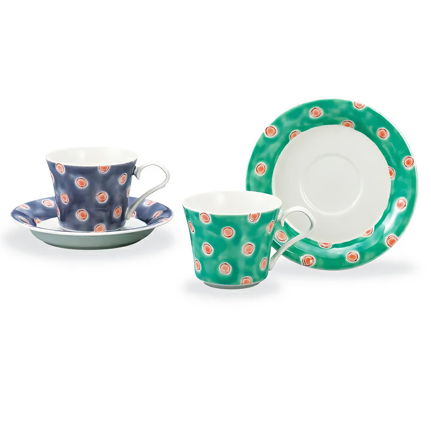 KUTANI WARE PAIR OF CUPS & SAUCERS POLKA DOTS/KINUYO OKADA