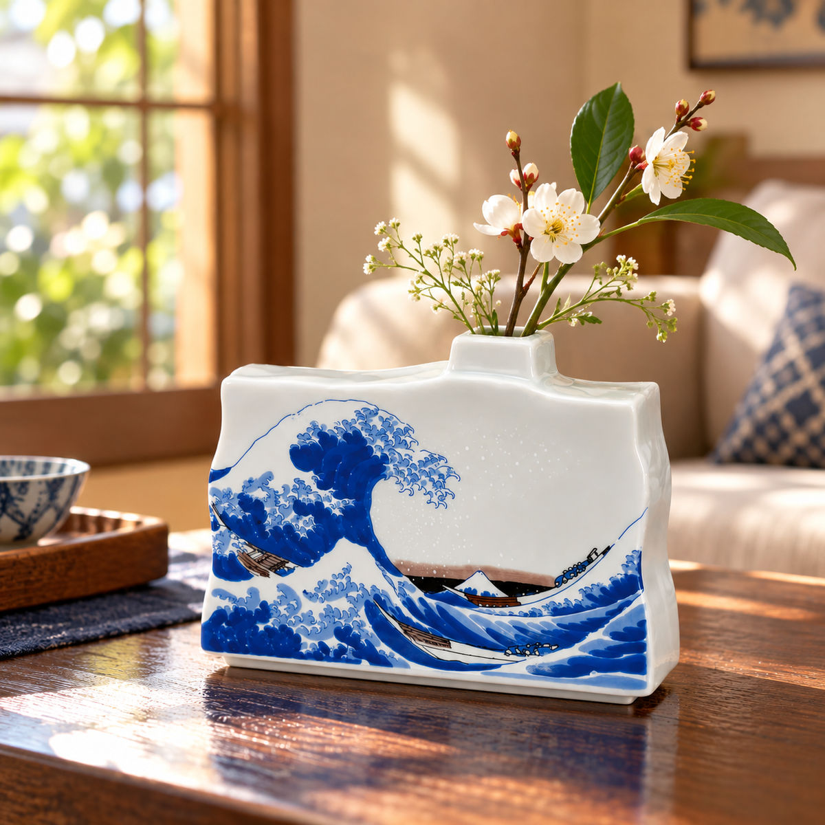 KUTANI WARE SINGLE FLOWER VASE THE GREAT WAVE OFF KANAGAWA BY HOKUSAI