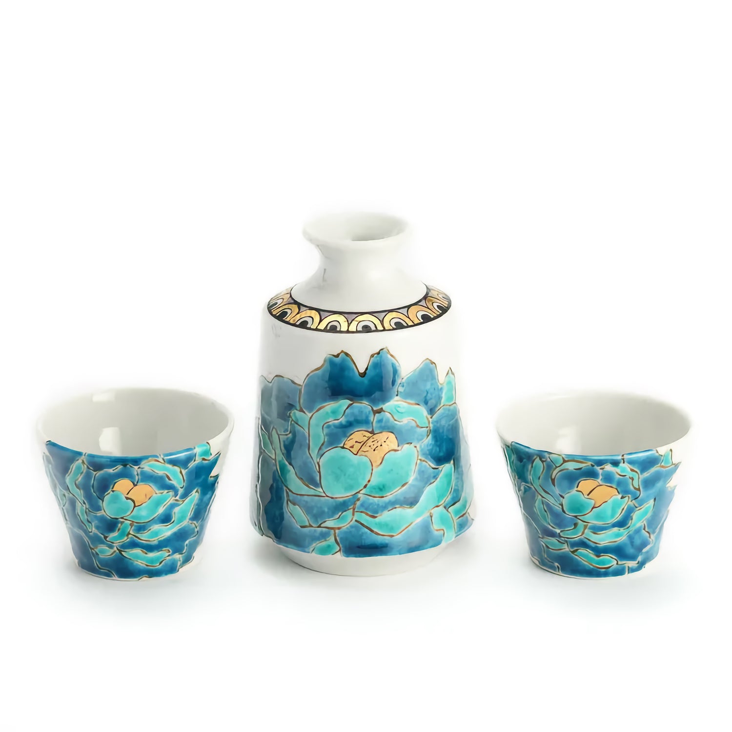 KUTANI WARE SAKE SET PEONY BLUE/TSUYOSHI SATOU