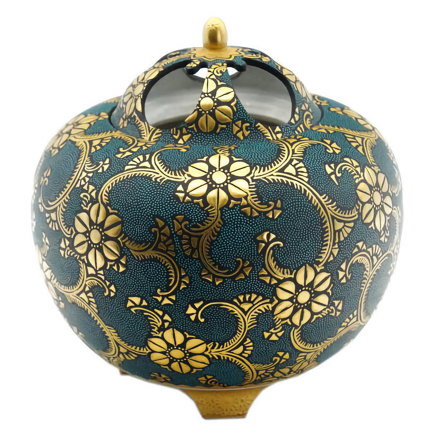 KINGYOKU NAKADA KUTANI INCENSE BURNER – "WHIRL PATTERN BLUE DOTS WITH DOUBLE CLEMATIS ARABESQUE"