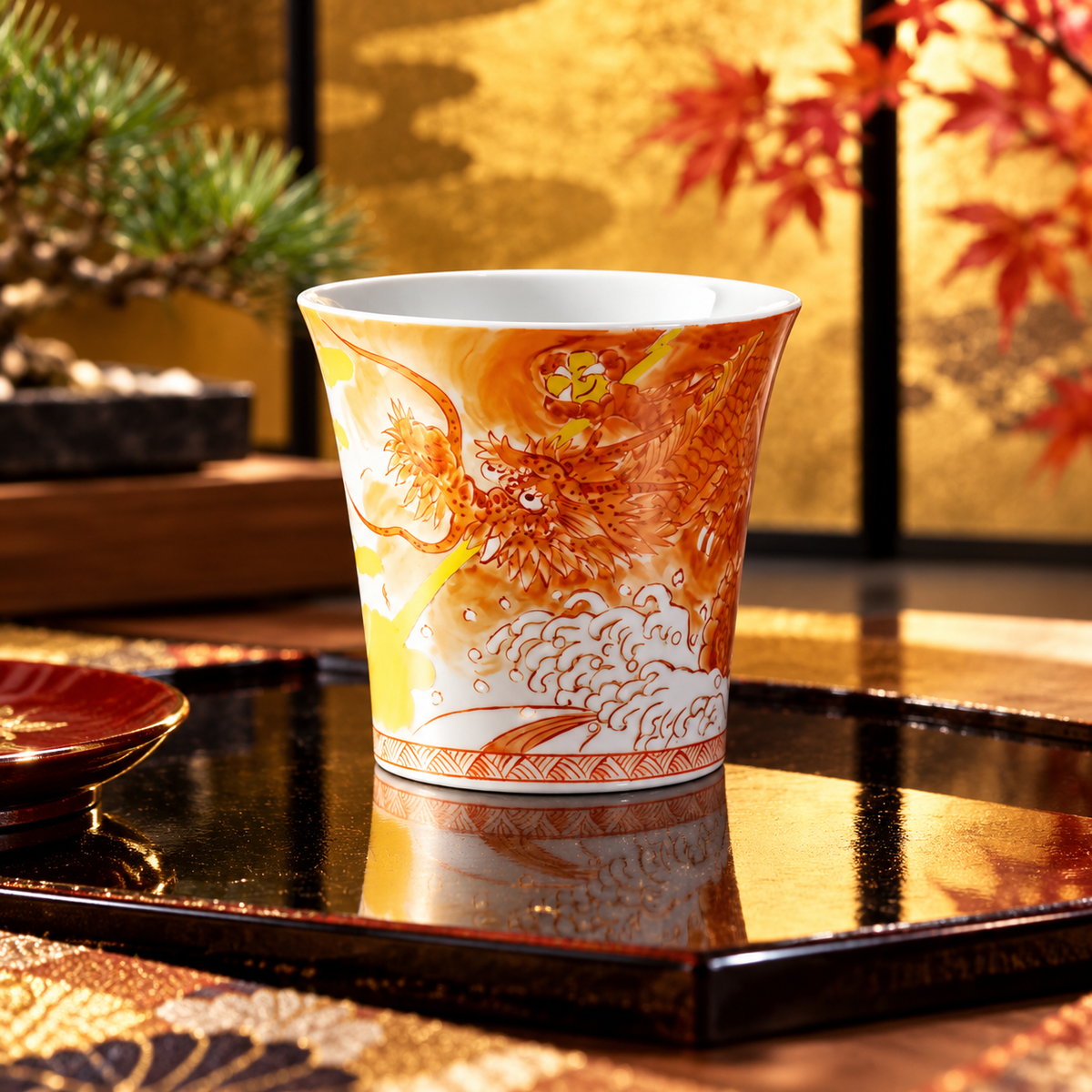 KUTANI WARE SHOCHU CUP RED DRAGON GOD DESIGN / YOSHINORI FUKUDA
