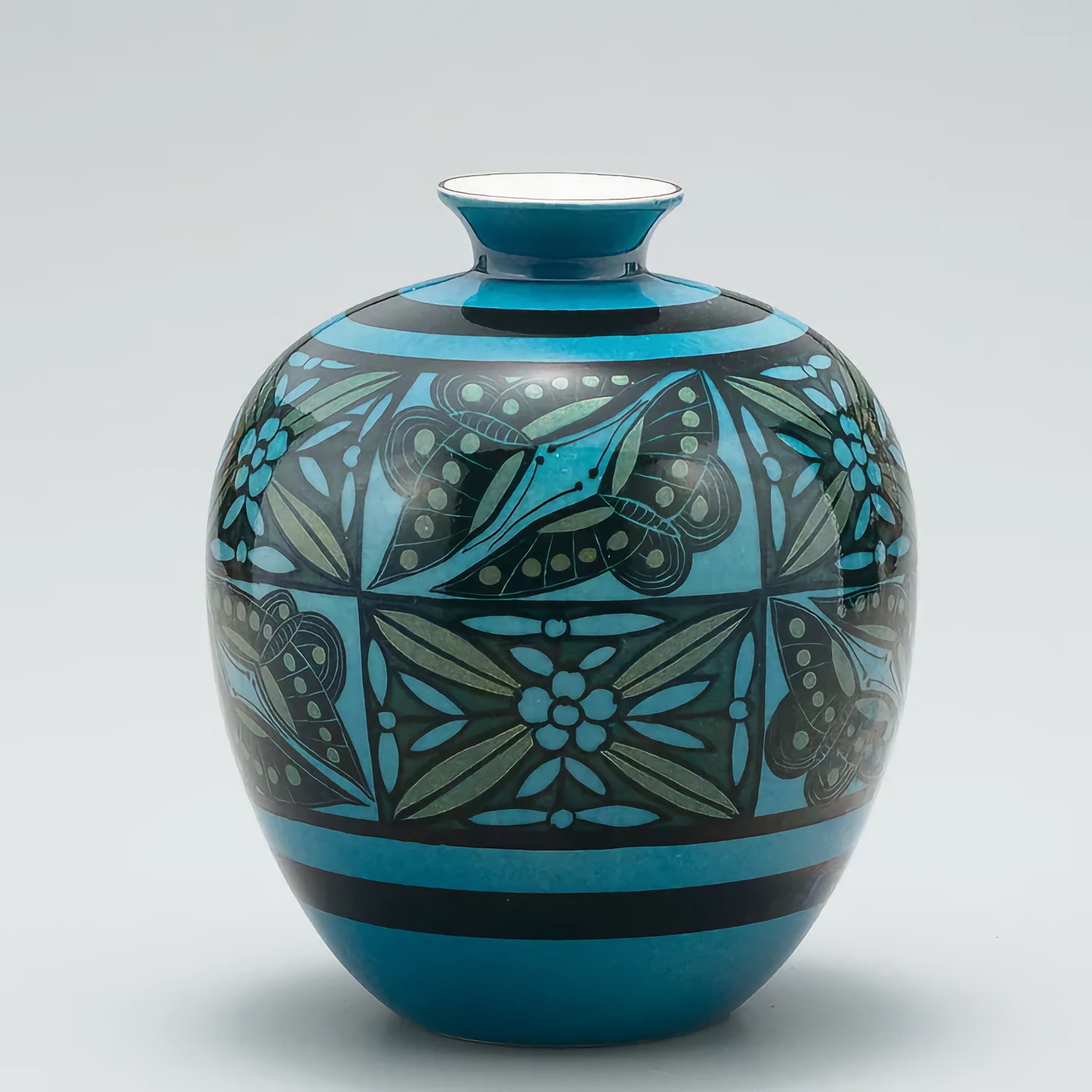 JAPANESE FLOWER VASE KUTANI BLUE-GLAZED PERSIAN BUTTERFLY MOTIF