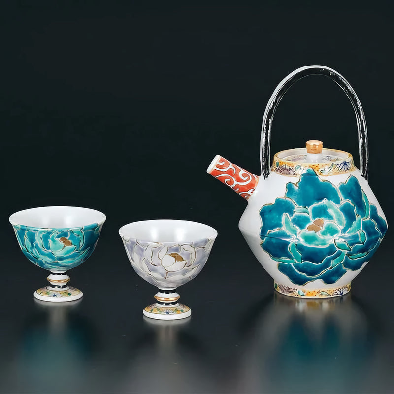 JAPANESE SAKE SET KUTANI BLUE AND PURPLE PEONY PAINTING/TSUYOSHI SATOU