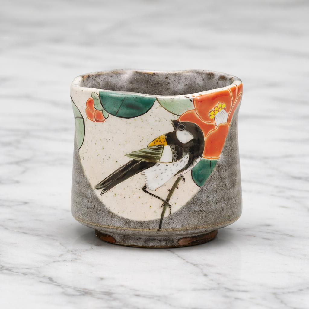 KUTANI WARE YUNOMI TEA CUP “CAMELLIA & JAPANESE TIT” BY YOSHINORI FUKUDA (GIFT BOX)