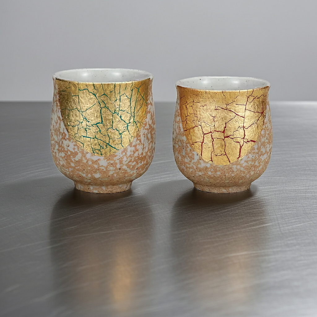 KUTANI WARE PAIR YUNOMI TEACUPS – GOLD LEAF DESIGN / MEIZAN KILN (GIFT BOX INCLUDED)