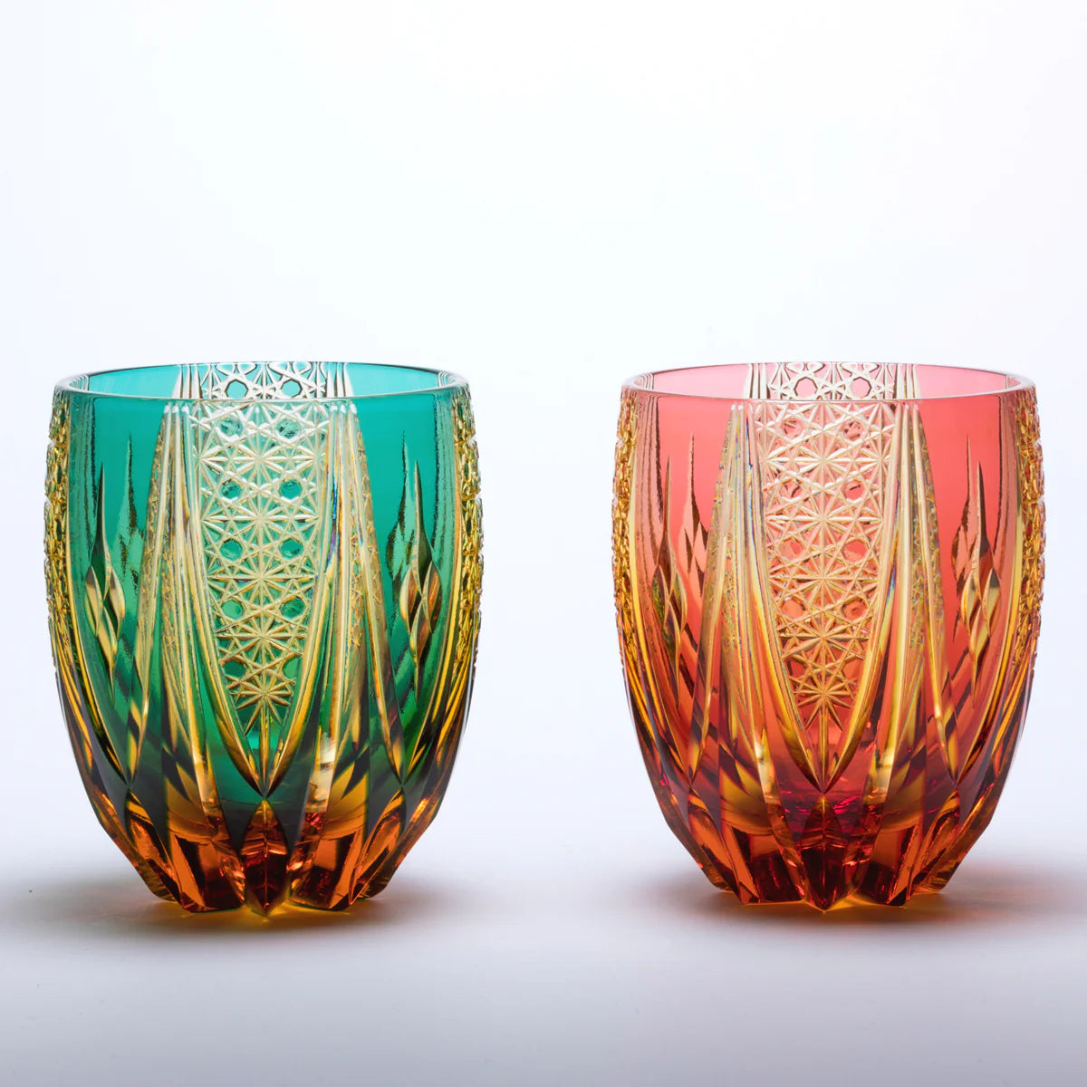 EDO KIRIKO CRYSTAL TUMBLER M-417 CHRYSANTHEMUM BASKET & FOUR DIAMONDS BY TARO YOSHIKAWA