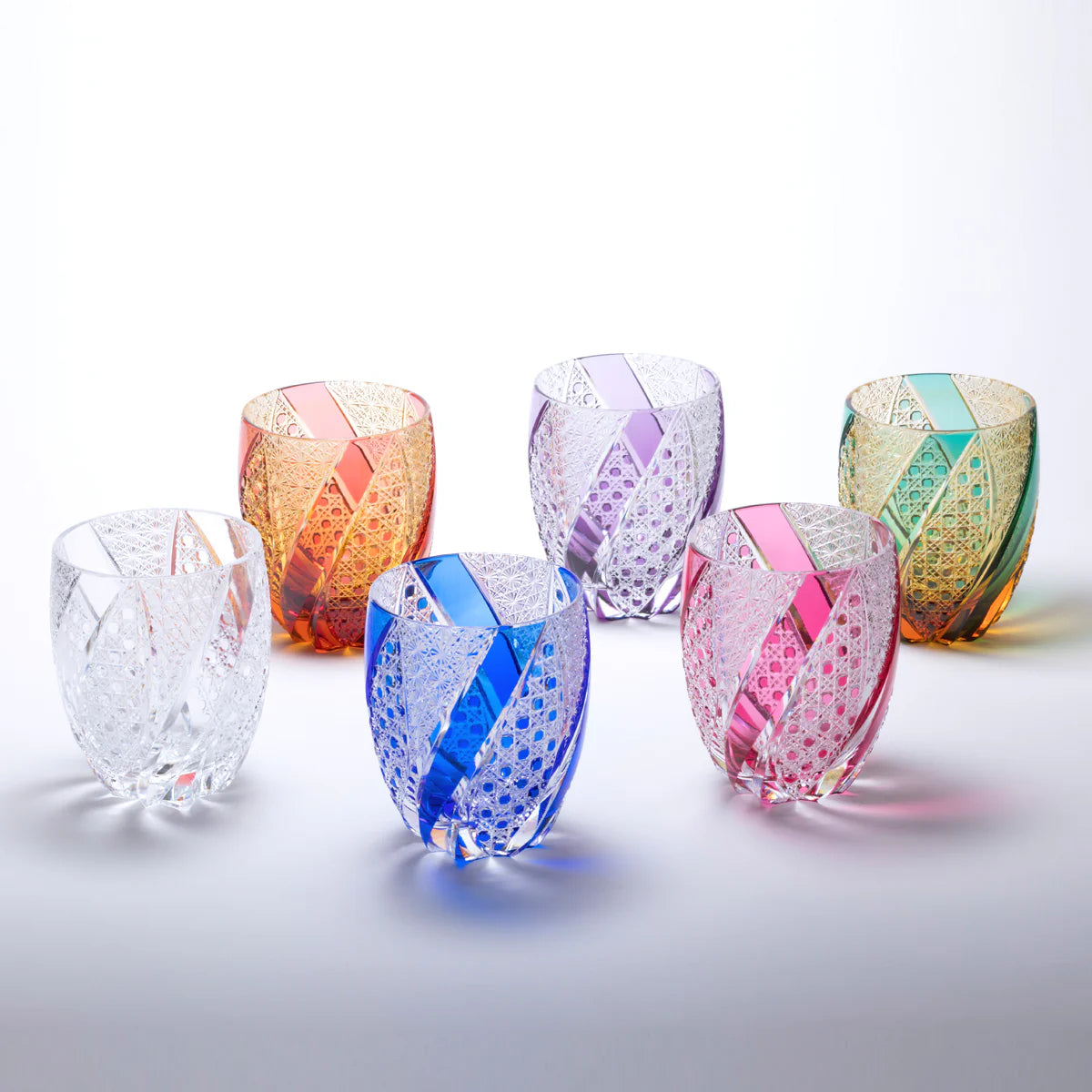 EDO KIRIKO CRYSTAL TUMBLER M-468 BY KEI HOSOKOJI – OCTAGONAL BASKET WEAVE & CHRYSANTHEMUM LINK PATTERN (VARIOUS COLORS)