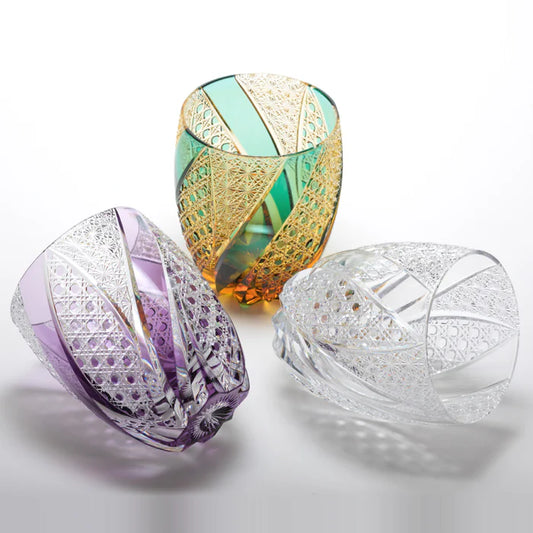 EDO KIRIKO CRYSTAL TUMBLER M-468 BY KEI HOSOKOJI – OCTAGONAL BASKET WEAVE & CHRYSANTHEMUM LINK PATTERN (VARIOUS COLORS)