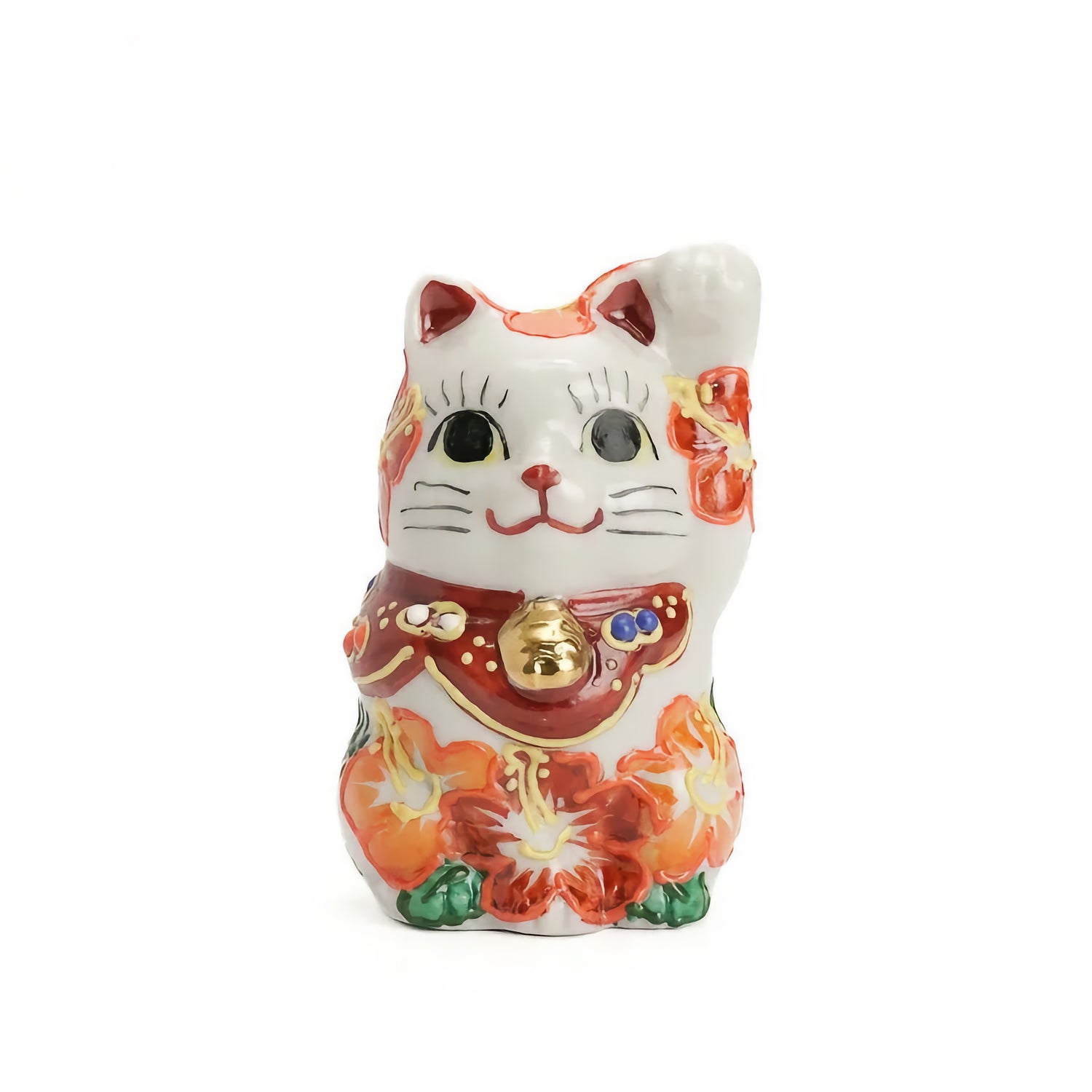 KUTANI WARE LUCKY CAT(MANEKI NEKO) HIBISCUS RAISED LEFT PAW
