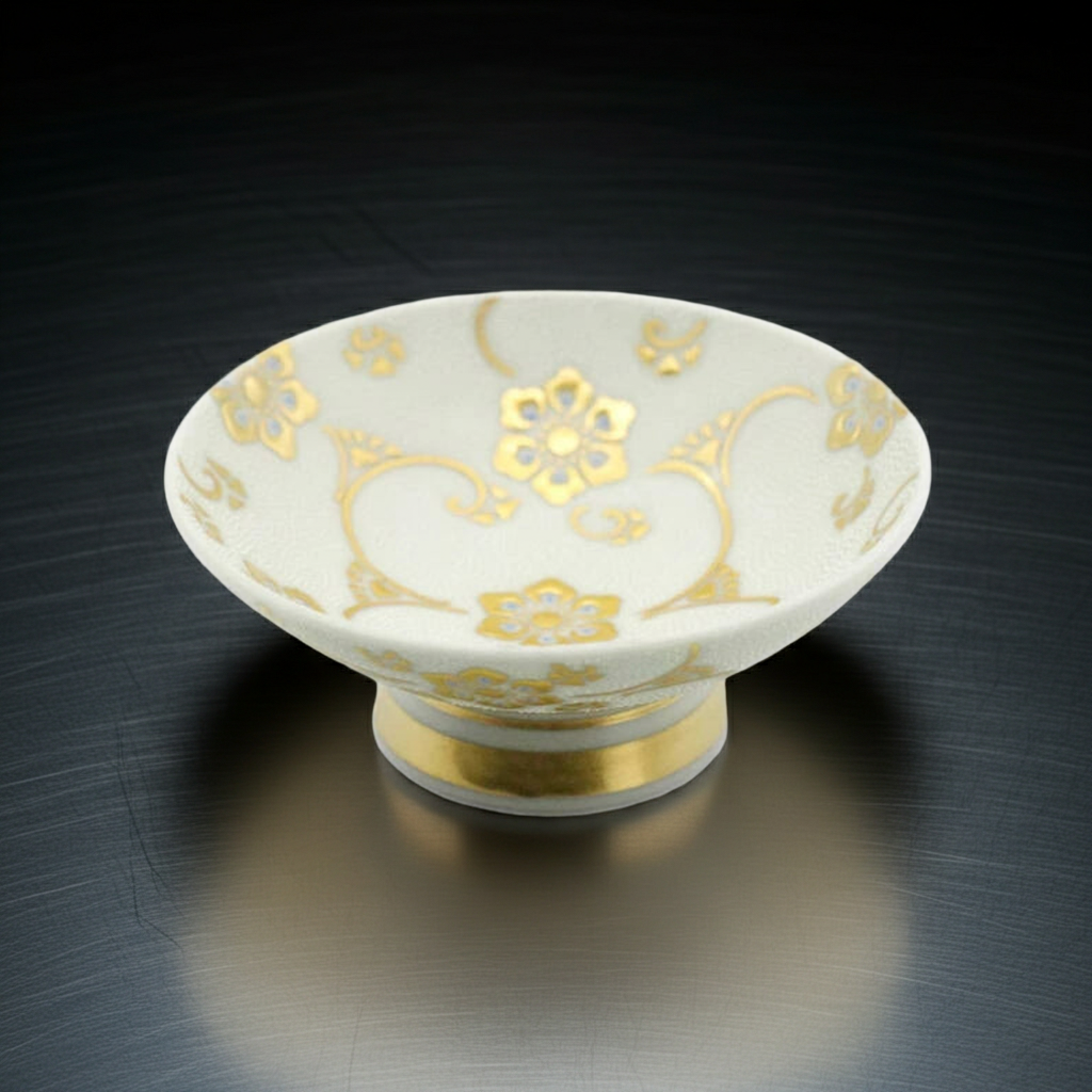 KUTANI WARE SAKAZUKI – WHITE AOCHIBU WITH RAISED GOLD HŌSŌGE ARABESQUE BY KINGYOKU NAKATA