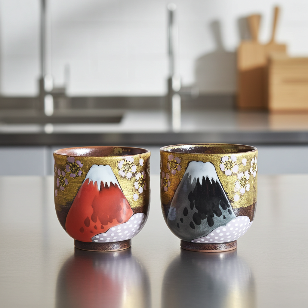 KUTANI JAPANESE YUNOMI SET TEACUP GOLDEN CLOUDS AND CHERRY BLOSSOMS ON MOUNT FUJI/YOSHINORI FUKUDA