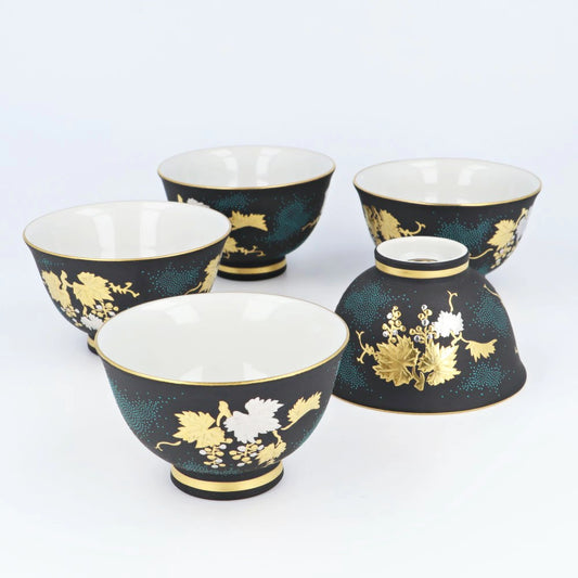 KUTANI WARE TEA UTENSILS SET SHIROKANEMORI GRAPEVINE TRELLIS AOCHIBU/ KINGYOKU NAKADA