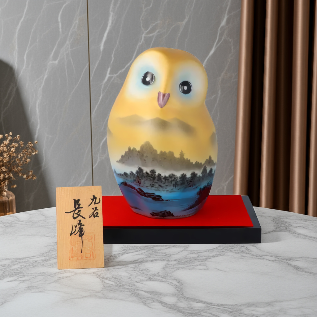 KUTANI OWL FIGURINE GOLD-PAINTED LANDSCAPE (WITH STAND & NAMEPLATE)