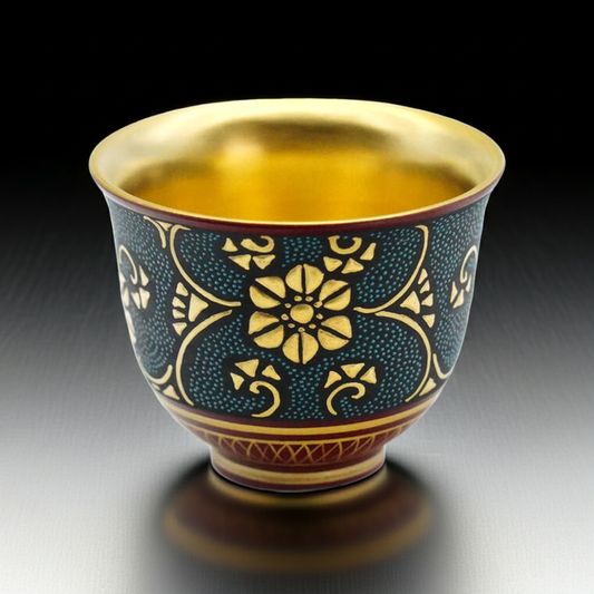 KUTANI WARE GUINOMI – BLUE DOTS WITH GOLD IRON ARABESQUE AND INNER GOLD DECORATION BY KINGYOKU NAKATA