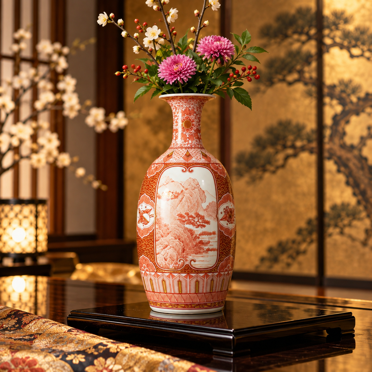 KUTANI WARE JAPANESE FLOWER VASE – “MITSUMADORI” PANEL DESIGN / BUZAN FUKUSHIMA