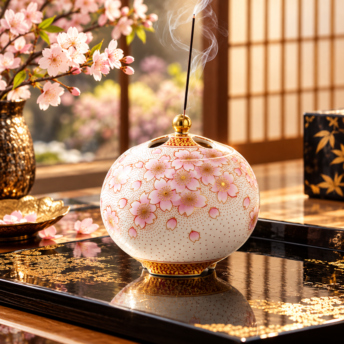 KUTANI WARE INCENSE BURNER KINRANTE SAKURA / YOSHINORI FUKUDA