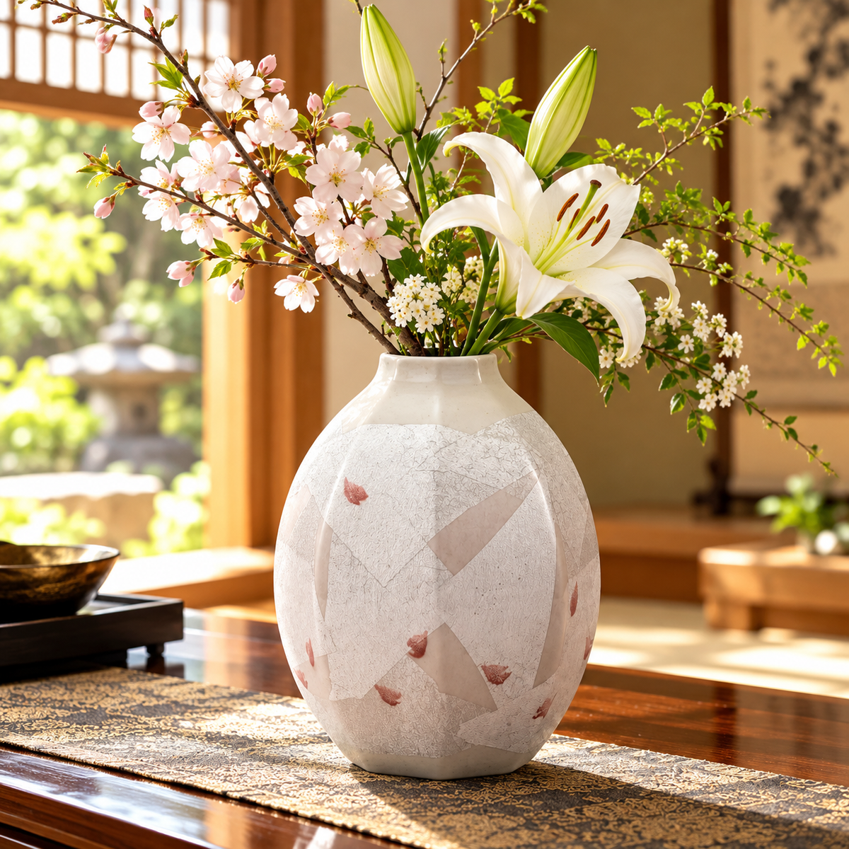 JAPANESE KUTANI WARE VASE – SILVER-DECORATED DANCING CHERRY BLOSSOMS