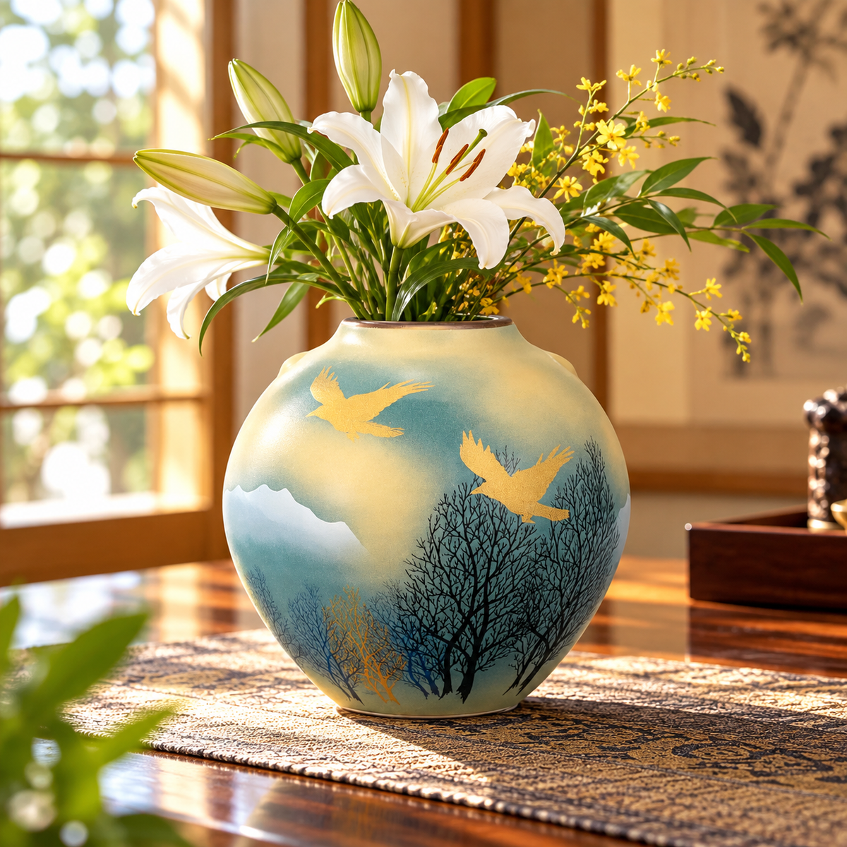 JAPANESE KUTANI WARE VASE – BIRDS OVER WOODED MOUNTAINS