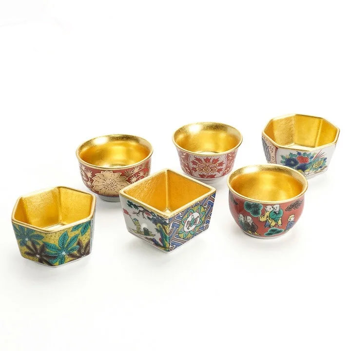 KUTANI WARE SAKE CUPS SET OF 6 WITH EDO-STYLE DESIGNS AND GOLD LEAF / SEIKOU KLIN