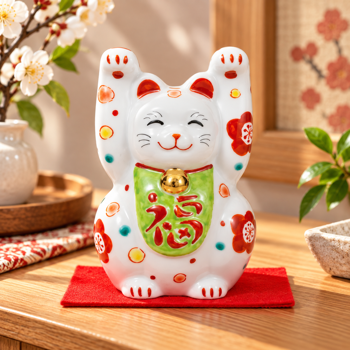 KUTANI WARE TWO-HANDED MANEKI NEKO WITH FLORAL DESIGN