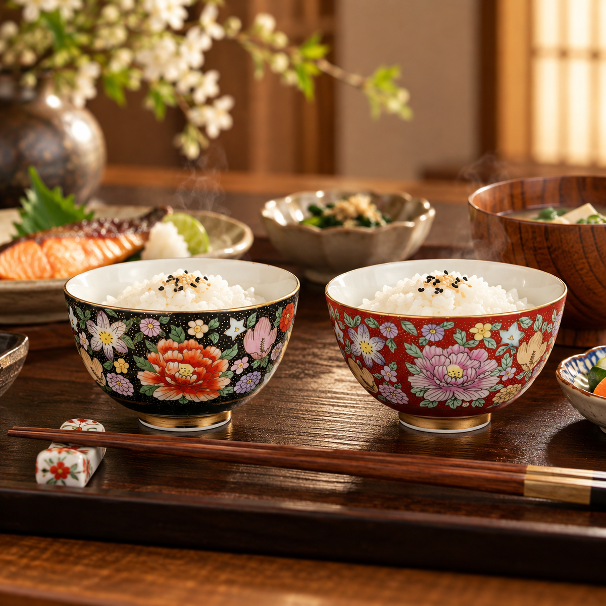 KUTANI WARE PAIR RICE BOWLS – HANA-ZUME DESIGN / TAISHI KILN