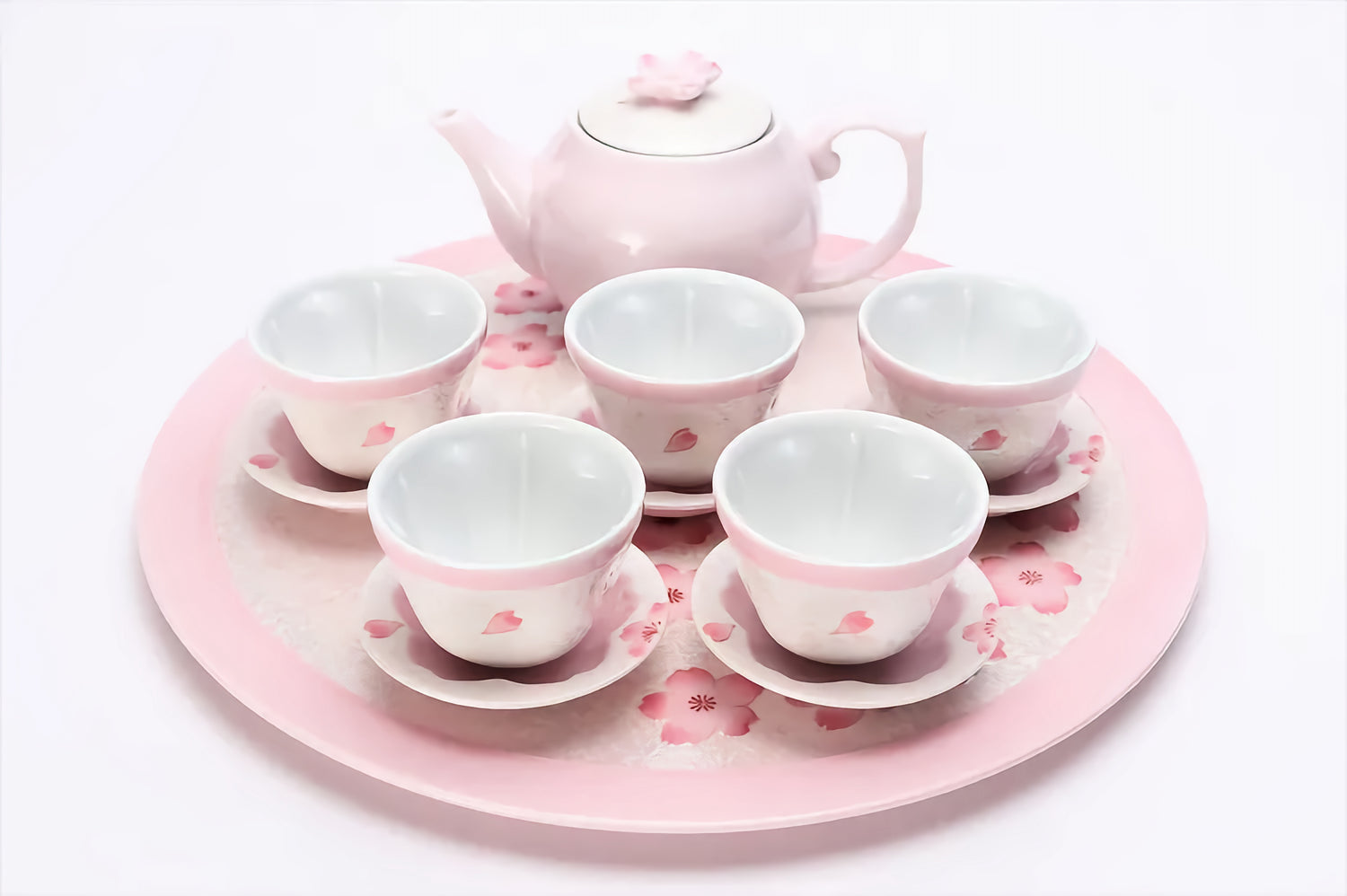 TASEI KLIN ARITA WARE PALE PINK GLAZE IRIDESCENT SAKURA TEA SET (WITH PLATE)