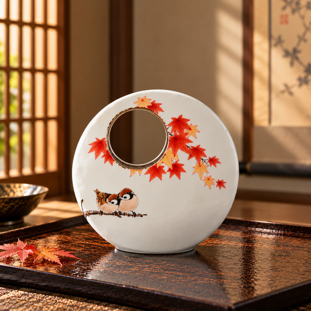 KUTANI WARE FLOWER VASE THREE SPARROWS AND AUTUMN MAPLE LEAVES / TOSHITO NAKAMURA
