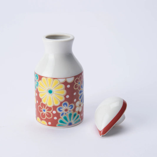 KUTANI WARE PATTERNED SOY SAUCE DISPENSER PLUM CHRYSANTHEMUM DESIGN SEIKOU KILN, JAPANESE CERAMIC SAUCE CONTAINER