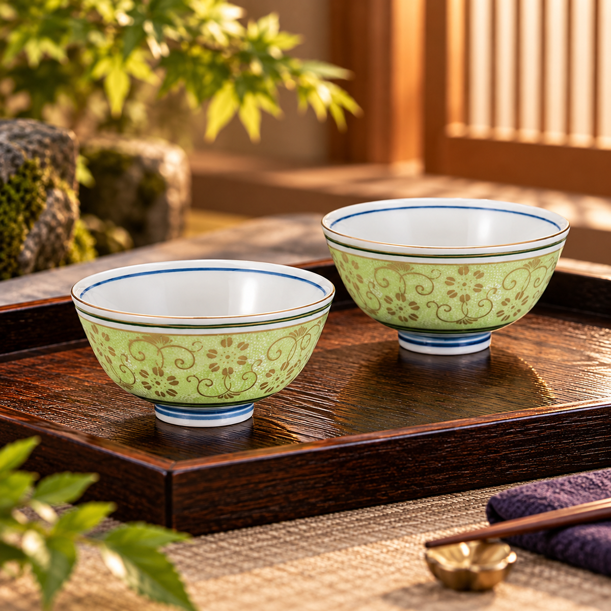 JAPANESE KUTANI RICE BOWL SET - SHIROCHIBU TESSEN YELLOW-GREEN