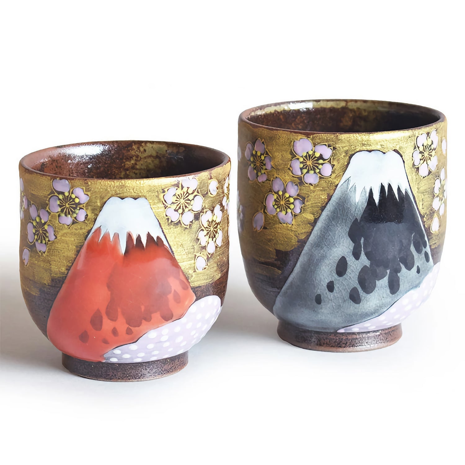 KUTANI JAPANESE YUNOMI SET TEACUP GOLDEN CLOUDS AND CHERRY BLOSSOMS ON MOUNT FUJI/YOSHINORI FUKUDA