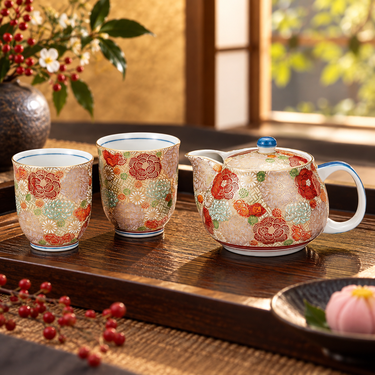 JAPANESE KUTANI WARE TEAPOT SET HANAZUME(STRAINER)