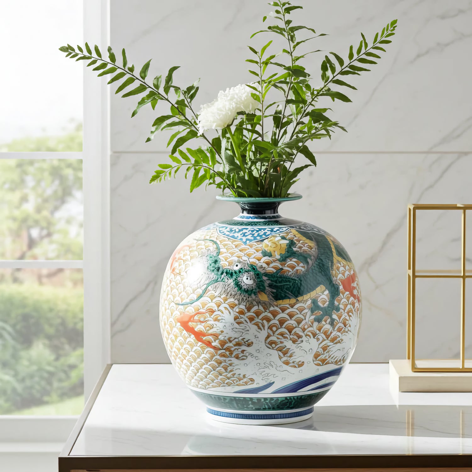 KUTANI WARE VASE “AOTE RYŪJIN” (BLUE-GLAZED DRAGON GOD) HAND-PAINTED BY YOSHINORI FUKUDA | WITH PAULOWNIA WOOD BOX (WITH RIBBON THREADING)