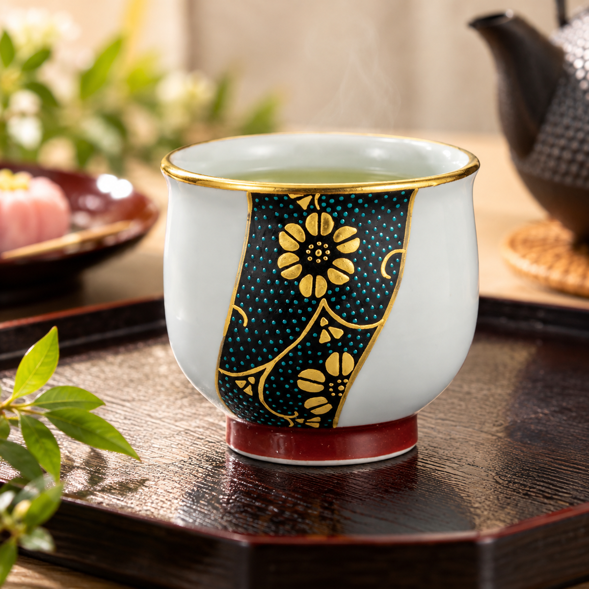 JAPANESE KUTANI WARE GUINOMI - GOLD LEAF TWISTED BLUE DOTS WITH TESSEN (CLEMATIS) DESIGN/ MANAMI UENO