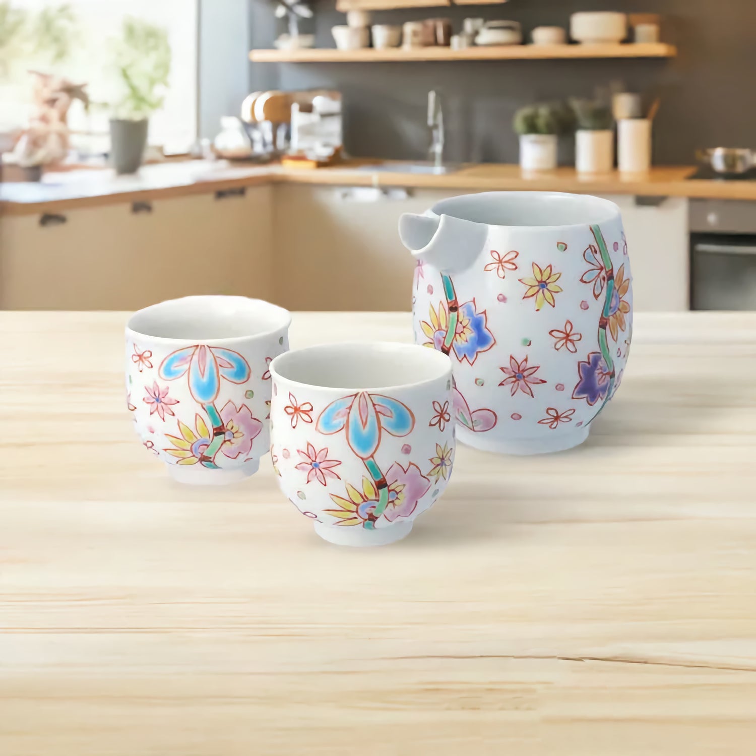 KUTANI WARE SAKE VESSELS SET FULL OF FLOWERS/GINSYUU KILN