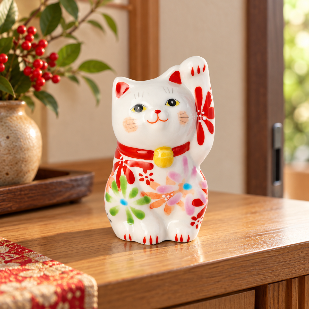 KUTANI WARE LUCKY CAT(MANEKI NEKO) FLOWER UTAGE RED / KOKUZOU KLIN
