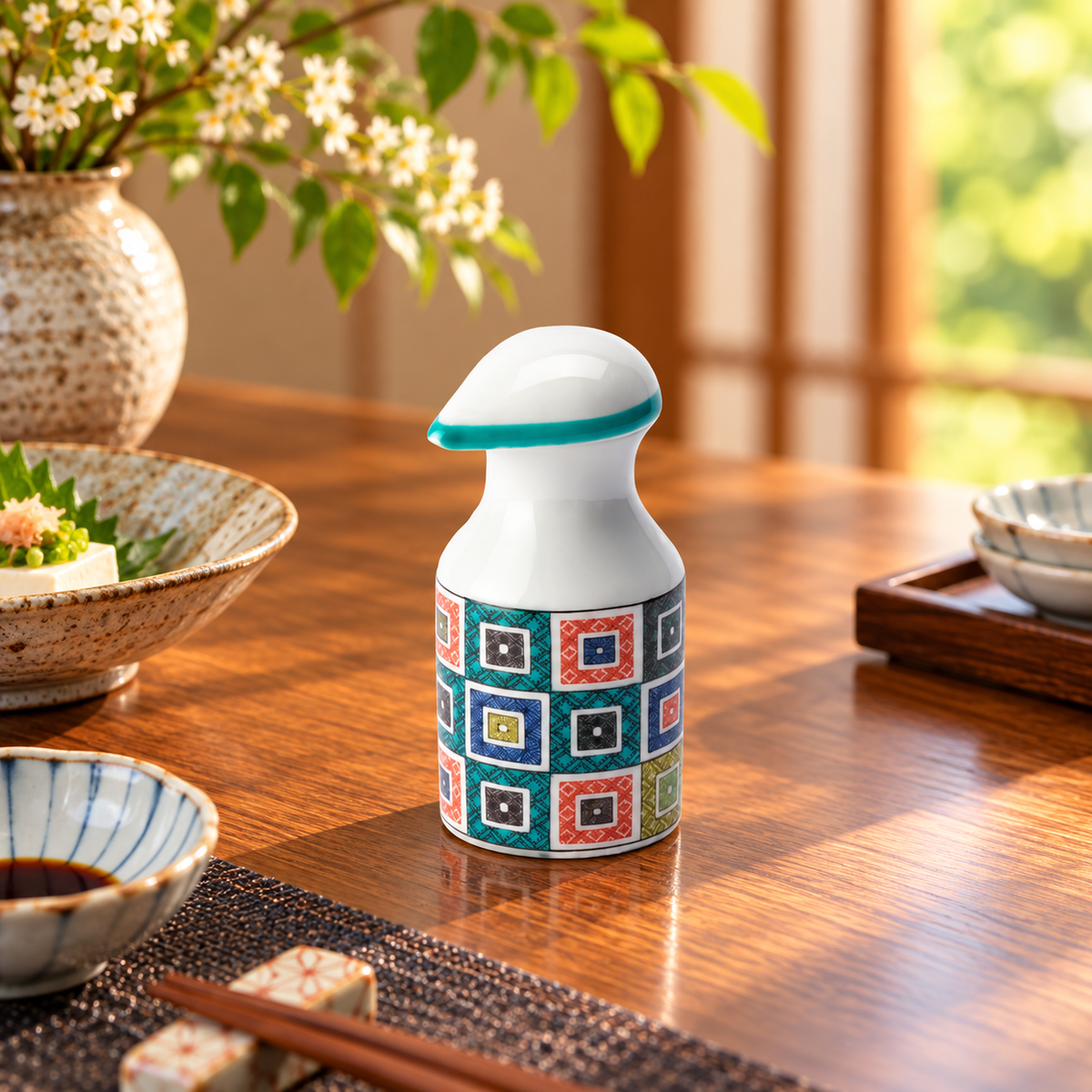 KUTANI WARE PATTERNED SOY SAUCE DISPENSER ISHIDATAMI DESIGN / SEIKOU KILN