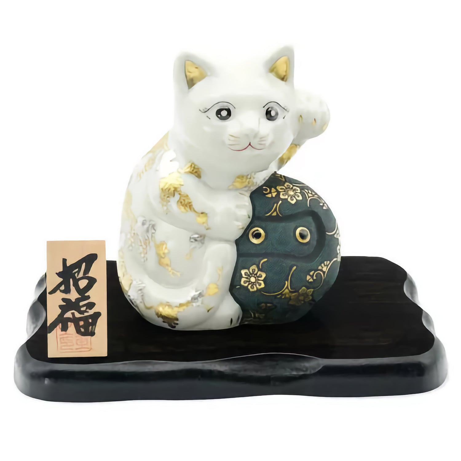 KUTANI DARUMA BECKONING CAT (LEFT HAND BECKONING CUSTOMERS) – SWIRL PATTERN WITH BLUE BEAD EMBELLISHMENT AND GILDED TREASURES ARABESQUE, WHITE AND PLATINUM GRAPE MOTIF WITH WHITE BEAD EMBELLISHMENT/KINGYOKU NAKADA