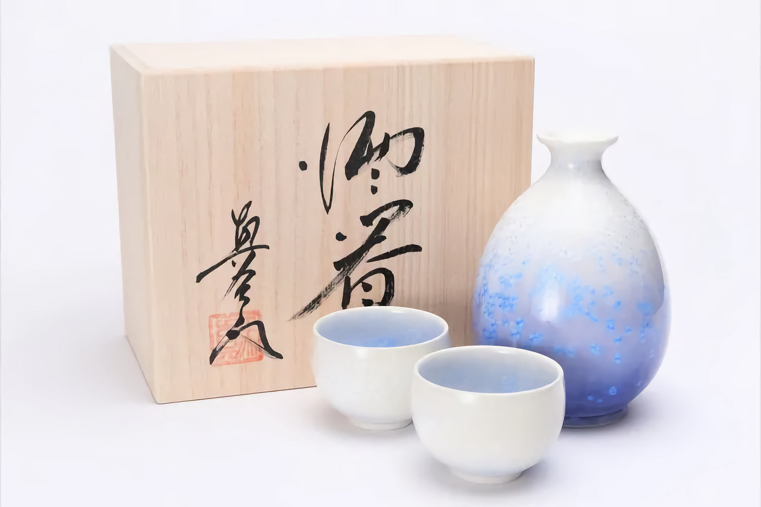 JAPANESE ARITA INDIGO DEW – SAKE CUP SET (WITH WOODEN BOX)/ SHINEMON KLIN