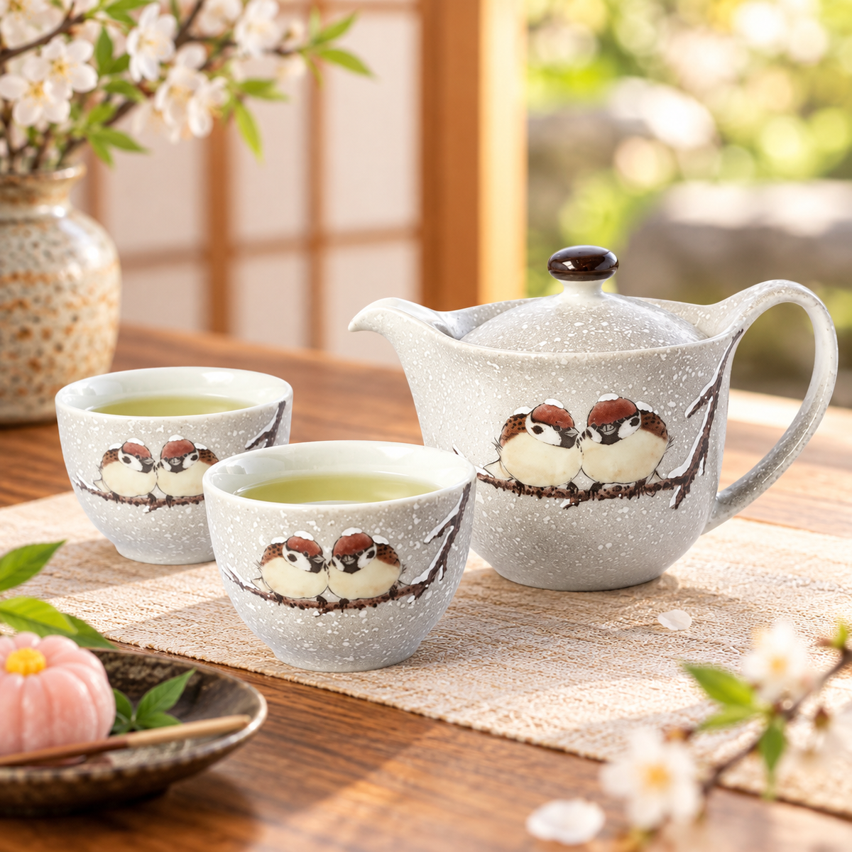JAPANESE TEAPOT SET KUTANI TWO SPARROWS IN SNOW/ TOSHITO NAKAMURA